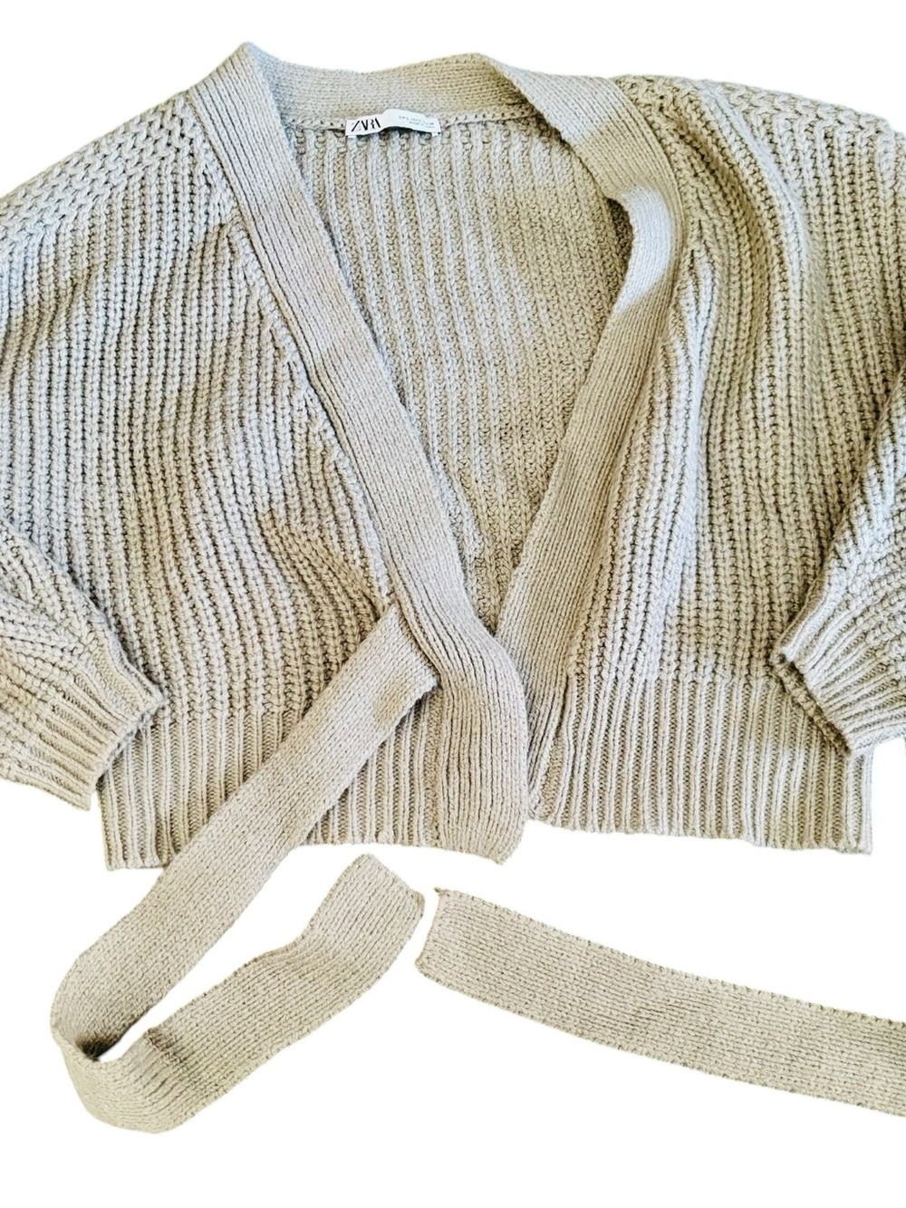 Zara Sz L Grey Green Cropped Tie-Belt Ribbed Knit Cardigan - Picture 5 of 6